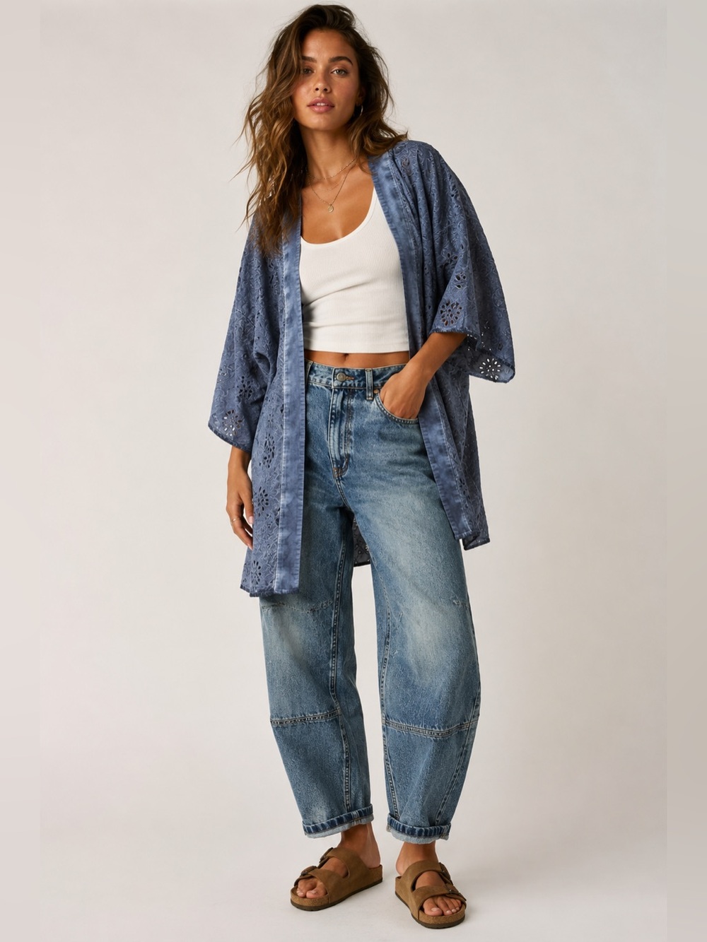 Lucky brand washed blue eyelet kimono
